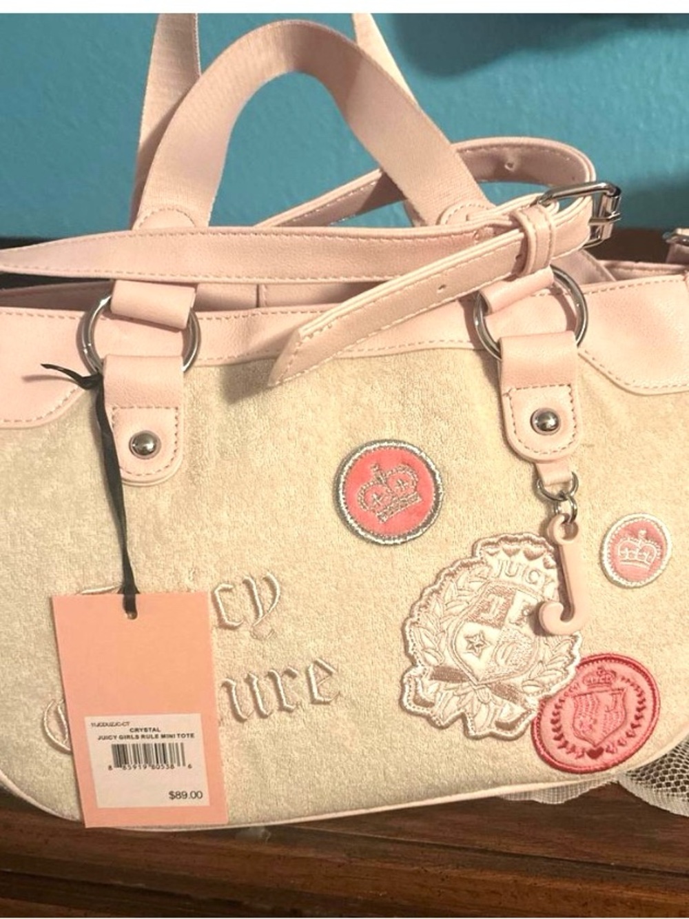 Juicy Couture Girls Rule Mini Tote in Pink and Cream Embroidered Crest Tote